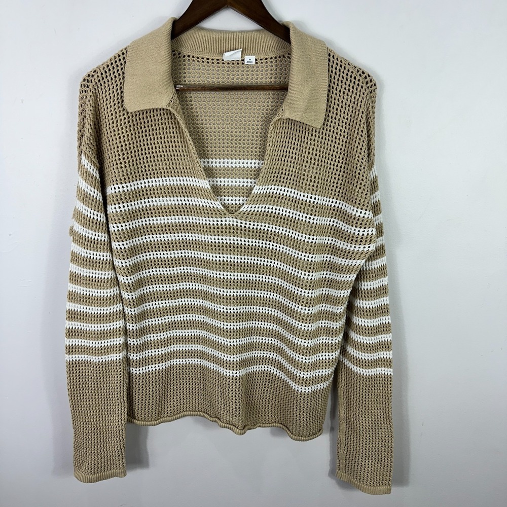 GAP Johnny Collar Open Knit Sweater Womens Medium Beige Tennis Prep Old Money‎